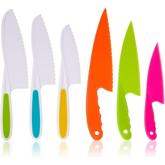 Topboutique 6 Pcs Kitchen Safety Knives for Kids, Children's Cooking Knives Firm Grip, Serrated Edges for Vegetables, Fruits, Salad, Cake (Green Blue Yellow)
