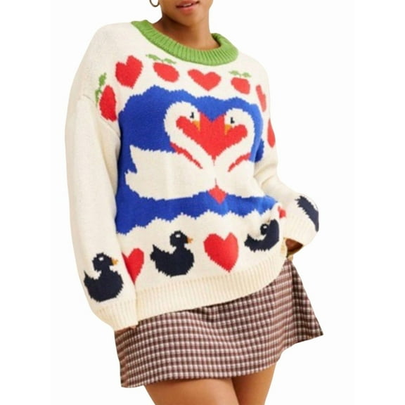Womens Love Swan Print Tunic Sweaters Crew Neck Long Sleeve Fall Casual Slouchy Knit Pullover Tops White XL
