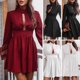 thumbnail image 4 of Minivestido de manga larga para mujer, cuello alto, ahuecado hacia fuera, cintura alta, vestido acam Abanopi Negro/Grande, 4 of 6