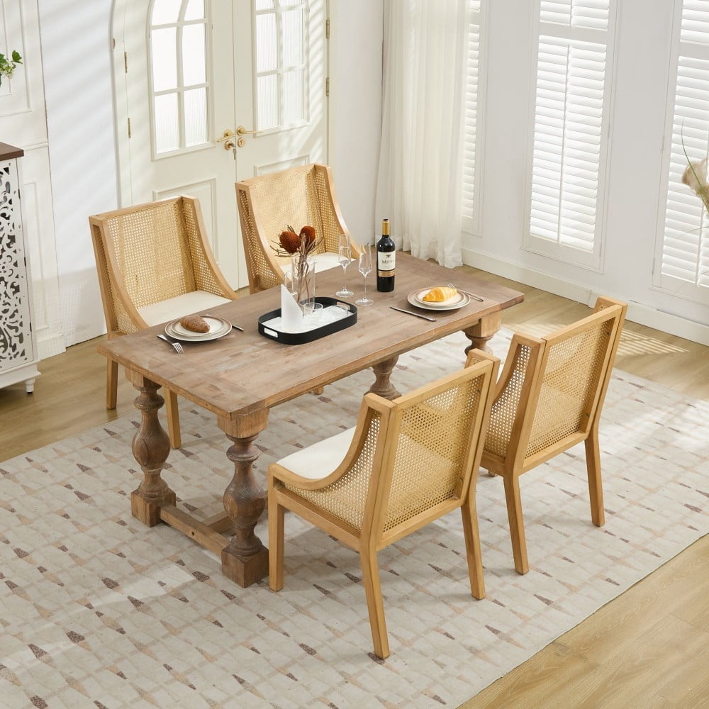 Rattan Dining Chair with Arms, Solid Wood Frame, Linen Upholstered Seat, Rustic Farmhouse Side Chair for Kitchen, Dining Room, Living Room, Beige