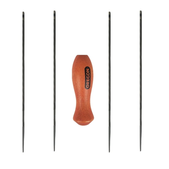 Oregon Double Cut Round Chainsaw Files (4 PK) & Wooden Handle (1) Kit / 11/64” (4.5mm) / 70511, 30870, 70511-4PK-KIT