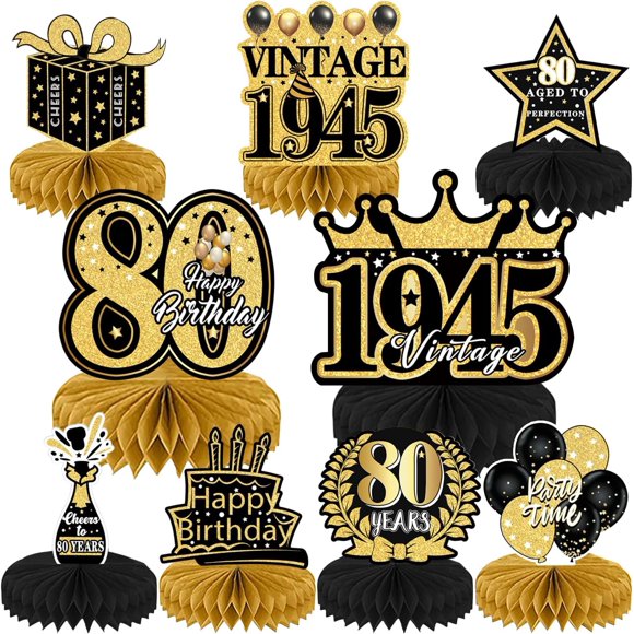 9 Pcs 80th Birthday Decorations For Men Women, Honeycomb Centerpieces For Table Black And Gold Birthday Decorations, Happy Birthday Decorations, Honeycomb Table Topper For Birthday Party Decorations