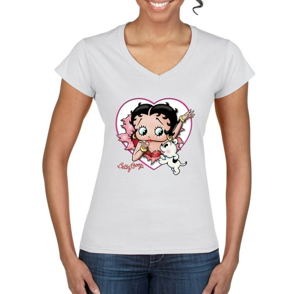 Wild Bobby Betty Boop Heart Blowing Kiss Dog Betty Boop Women’s Standard V-Neck Tee, White, Small