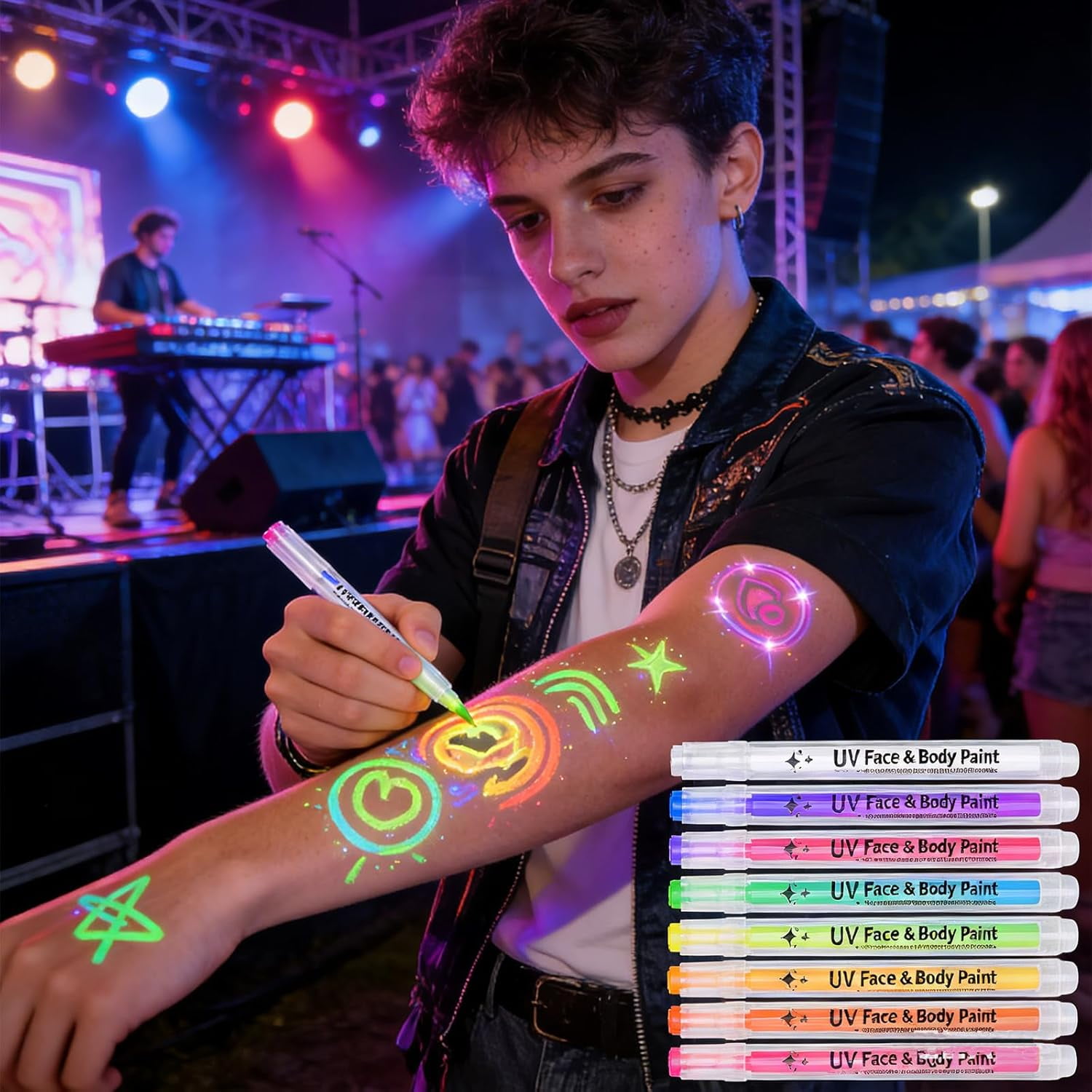 Uv Neon Face Paint Markers 12 Colors, Glow Face And Body Paint Markers Set, Face And Body Paint Markers Set, Body Paint Under Black Light for Temporary Tattoo (12 colors)