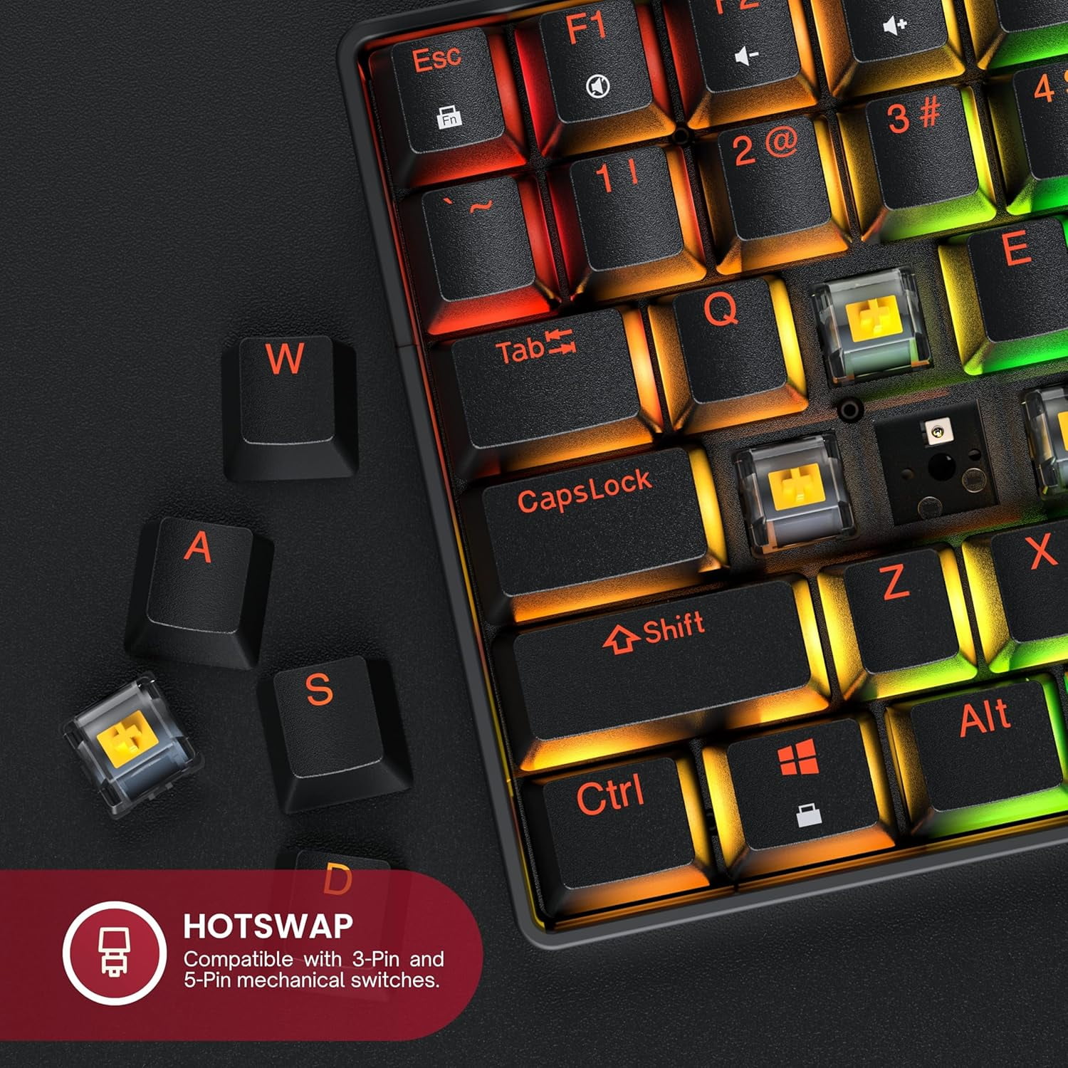 HK GAMING GK75 75% | Hot Swappable Mechanical Gaming Keyboard | 84 Keys Multi Color RGB LED Backlit for PC / Mac Gamer | ANSI US American Layout ( Black , Mechanical Red )