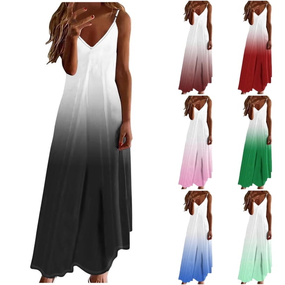 FRSASU Summer Maxi Dress for Women Casual Loose Fit Gradient Spaghetti Strap Beach Vacation Long Flowy Vacation Sundress White-A