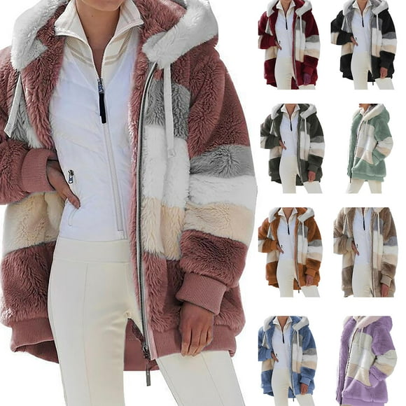 Women's Fall Winter Warm Plush Patchwork Chain Pocket Hooded Loose Jacket, Fleece Padded Coat Fleece Padded Coat
