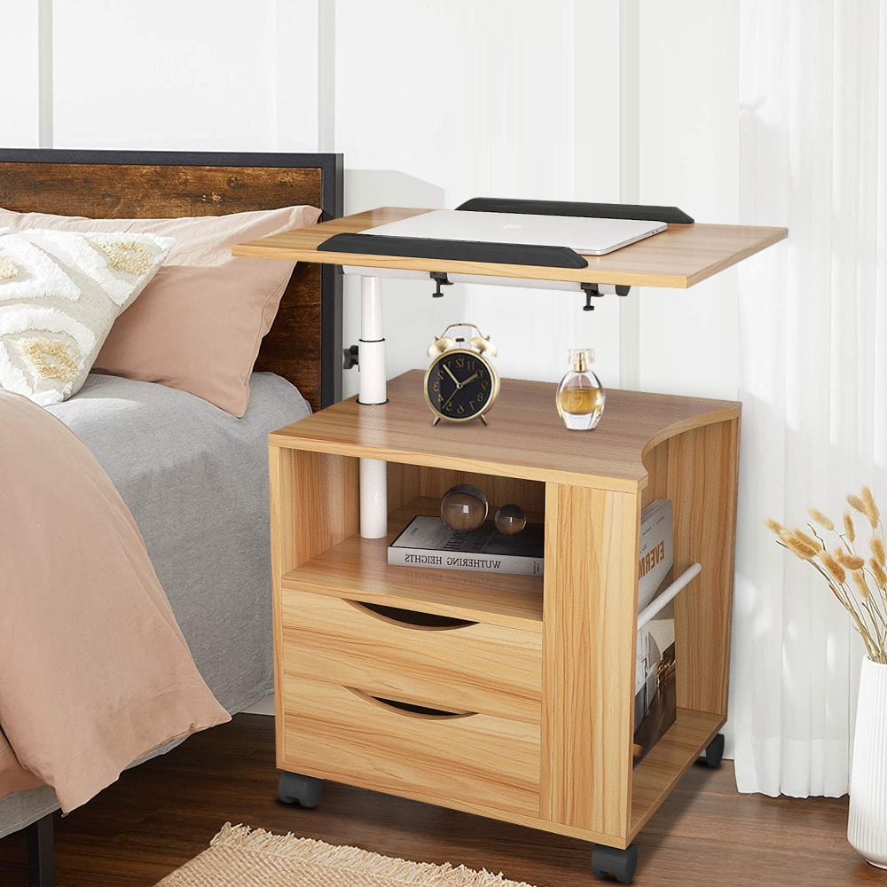 Emall Life Bedside Table with Power Outlet 3 USB-Port Set of 2 Functional Overbed Table Angle-Adjustable Wooden Nightstand