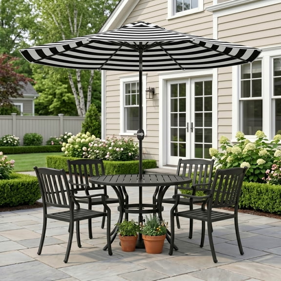 Lacoo 9' Outdoor Patio Umbrella, Market Table Umbrella with Push Button Tilt, 8 Heavy-Duty Steel Ribs & Wind Vents, Black and White