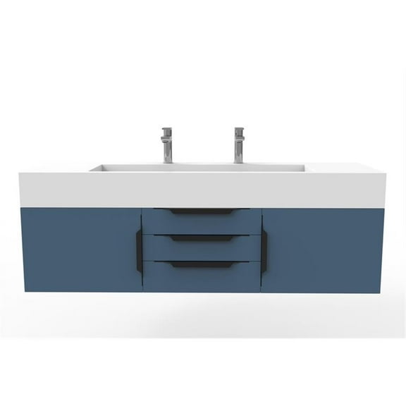 Nile 60" Blue Wood Floating Vanity with White Top and Black Trim