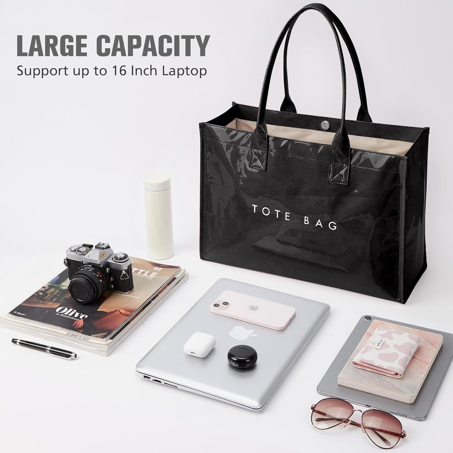 PVC Tote Bag for Women - Kraft Paper Work Handbags Purses with Top Handle（Black）