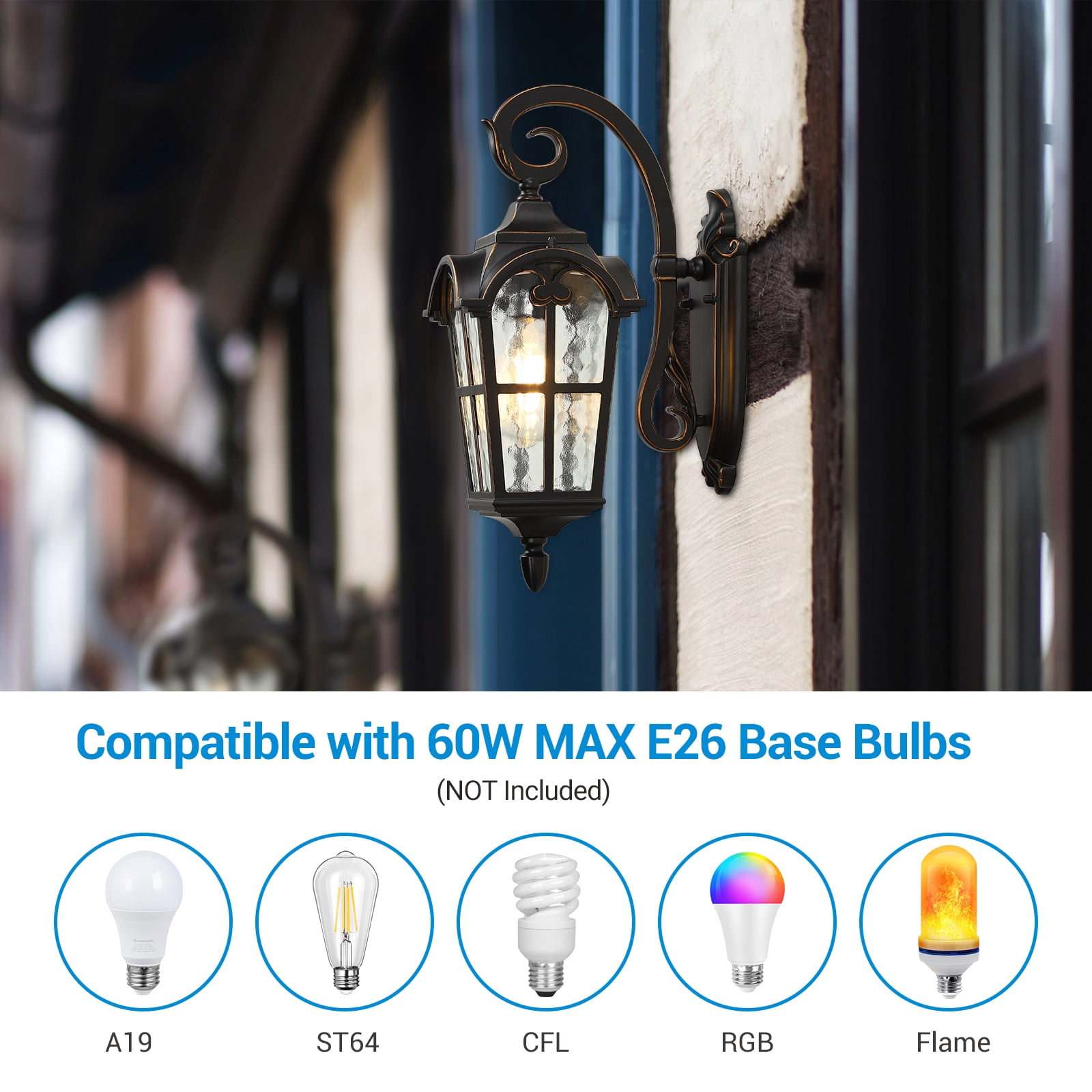 DEWENWILS Outdoor Wall Light Fixtures Outside Wall Sconce, Black Roman 17.7" H Exterior Wall Lantern, Anti-Rust & Waterproof, Water Ripple Glass, Wall Mount Porch Light for House, Garage, A19 bulbs