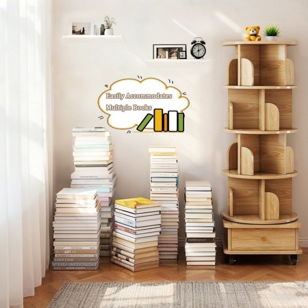 4-Tier Rotating Bookshelf with Wheels, 360° Spinning Bookcase Tower with Bottom Drawer & Wraparound Baffles, Space-Saving Storage Shelf for Bedroom, Living Room & Office, Oak