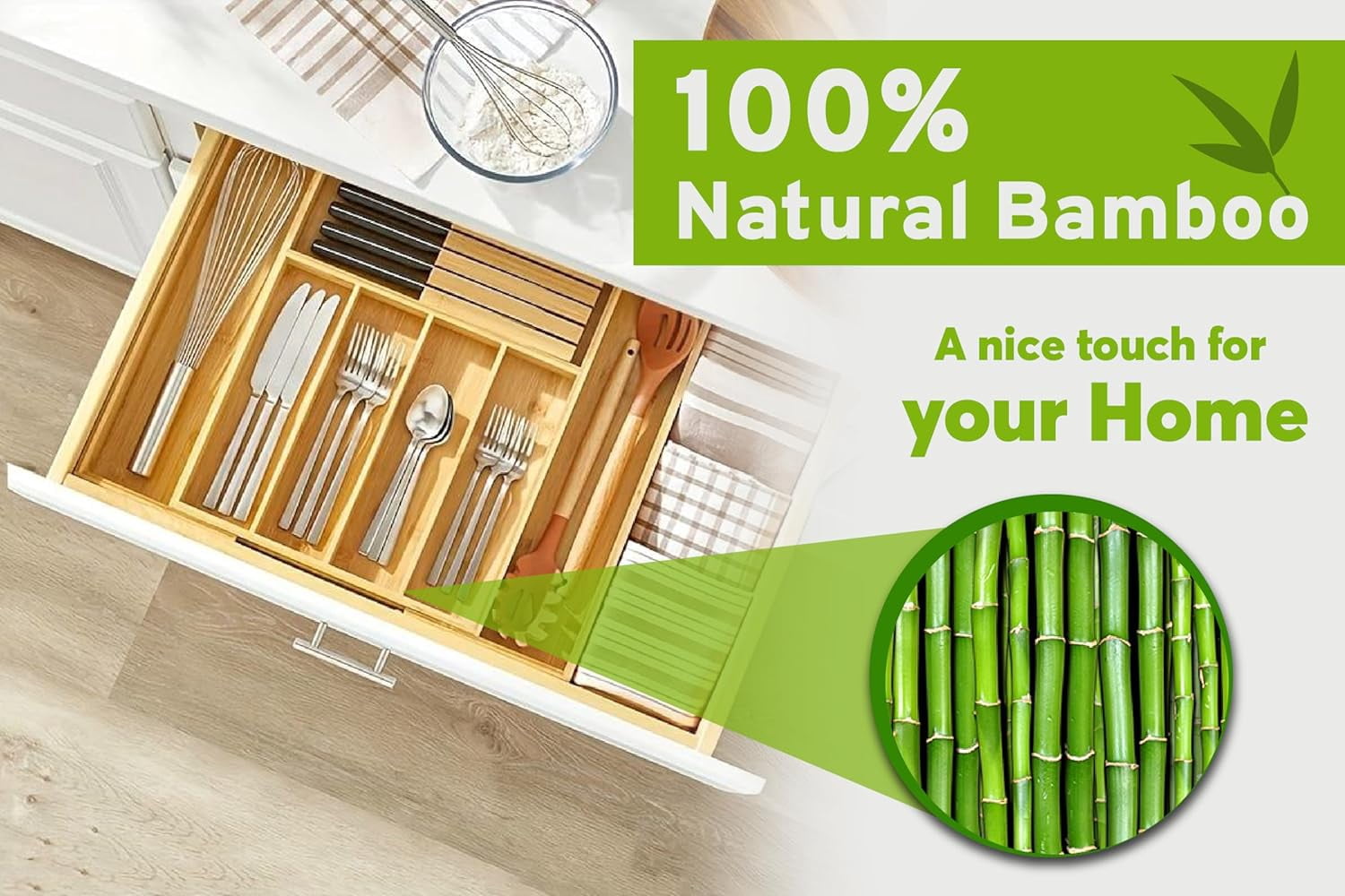 ACCL Expandable Bamboo Silverware Organizer, Adjustable Drawer Organizer 13.2"–20.5", Non-Slip Locking Clips, 9-Compartment Kitchen Utensil Tray