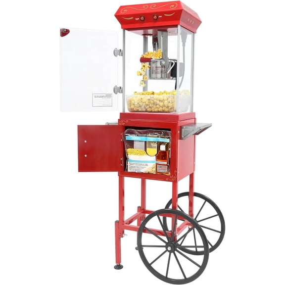 Popcorn Machine with Cart & Wheels 8OZ - Pop corn Machine Maker with Stainless Steel Kettle, Popcorn Maker Machine for Home, Theater Style, Parties, Christmas, Outdoor Use,School, Red
