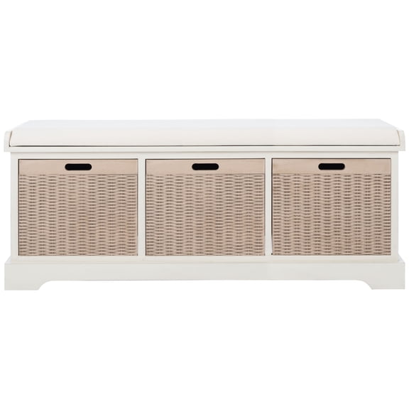 SAFAVIEH Landers 3 Drawer Storage Bench with Cushion, Distressed White