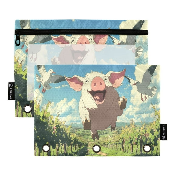 Pig and Seagulls 2 Pack Pencil Pouch for 3 Ring Binder Smooth Zipper Folders with Pockets Clear Window Pencil Case