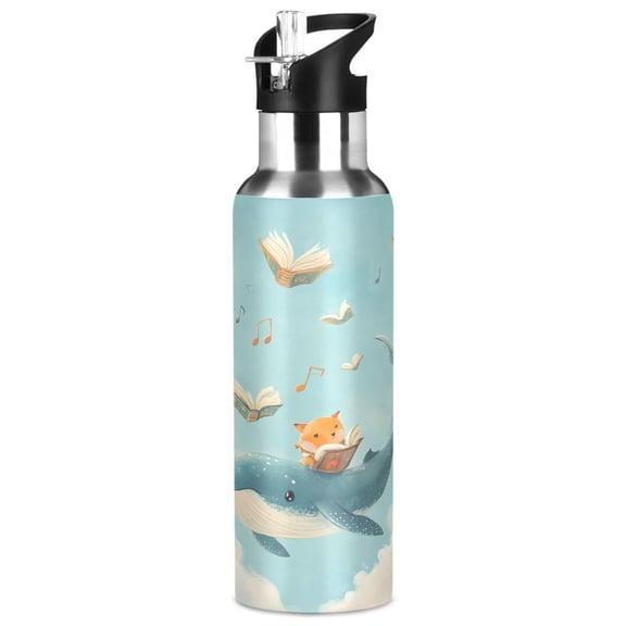1000ml Vacuum Insulated Sports Water Bottle with Foldable Straw Stainless Steel Portable Thermos Cup Fox and Whale Carrying Books