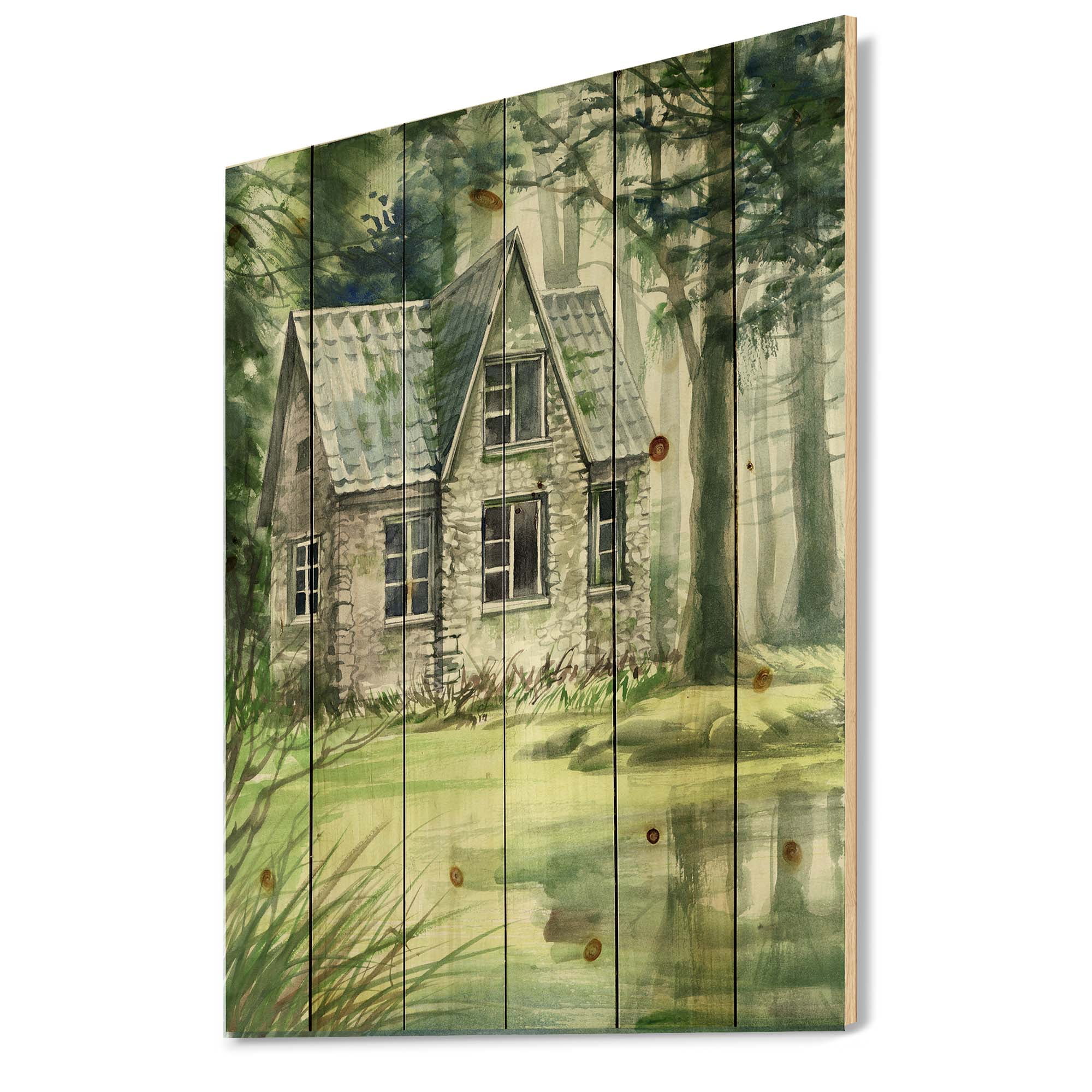 Designart 'Old Haunted House In The Pine Forest' Lake House Print on Natural Pine Wood