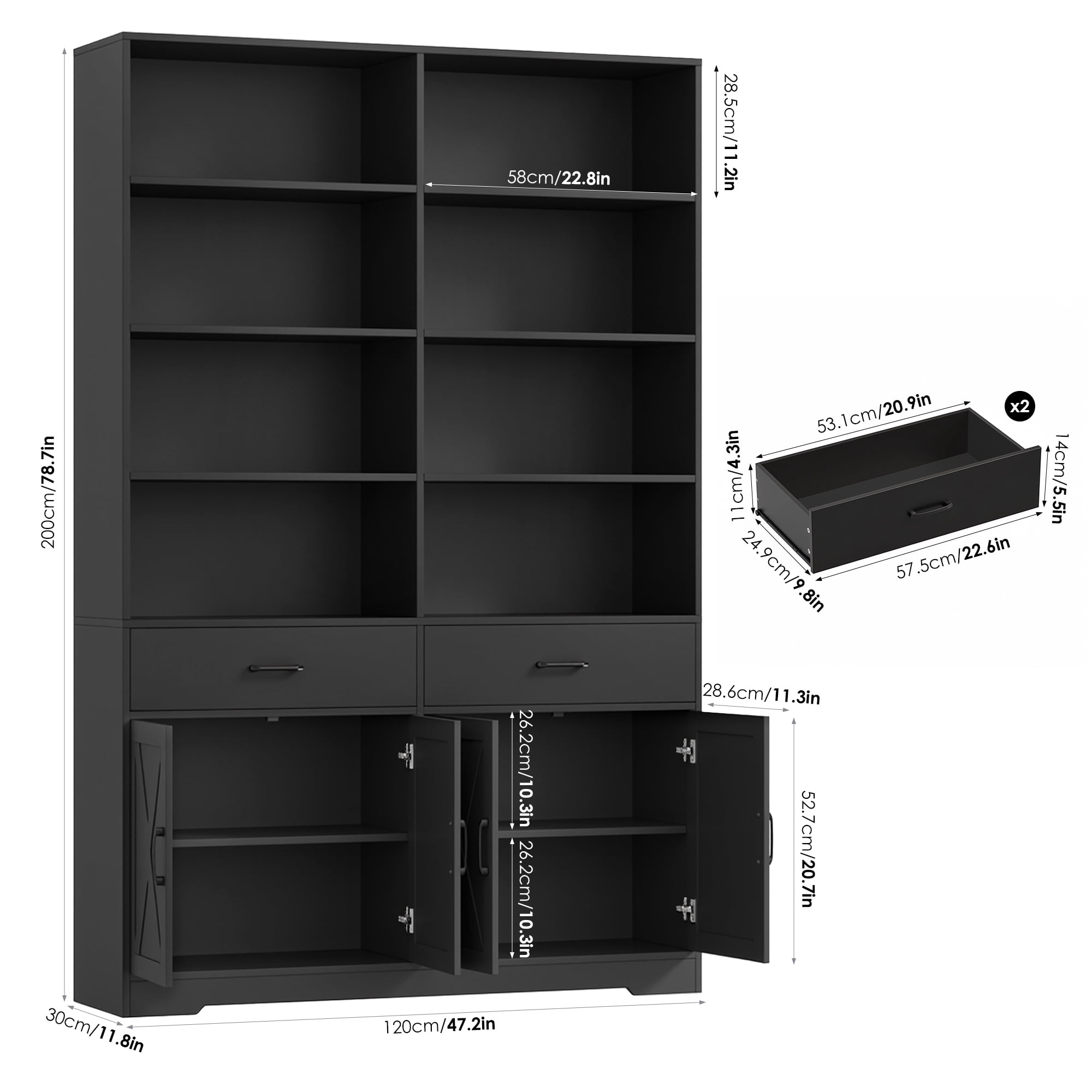 Hiphuta 78" Tall Double Row Bookcase with 2 Drawers, Farmhouse Large Bookshelf with Cabinet, Storage Bookcase with Doors for Office Living Room, Black