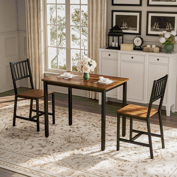 3 Piece Dining Table Set with 2 Chairs, Industrial Counter Height Kitchen Table Set, Breakfast Table for Small Space Dining Room Living Room, Walnut