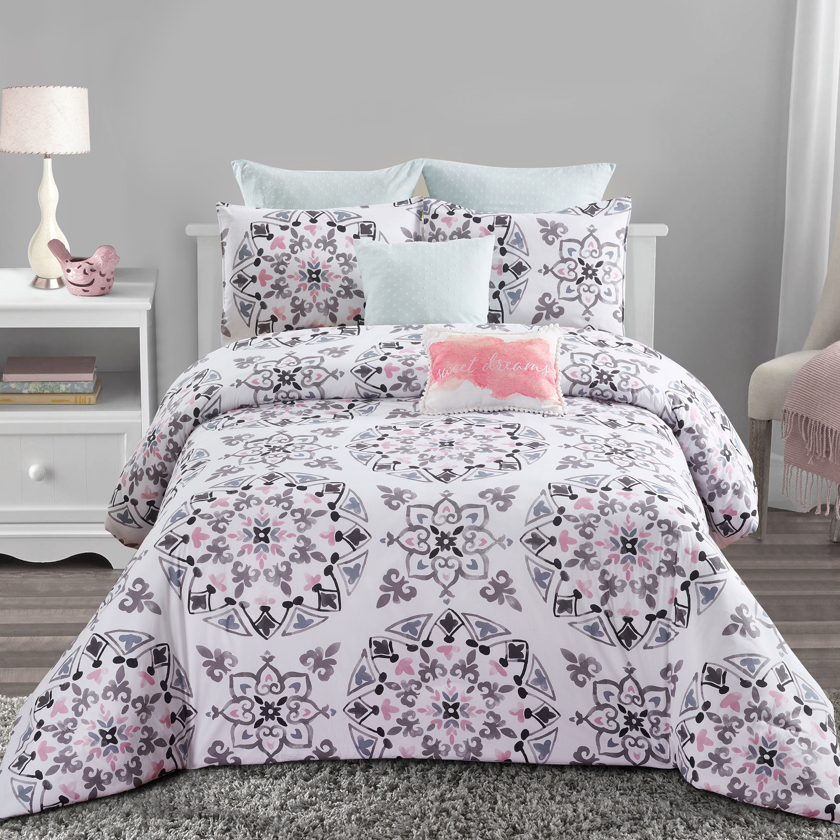 Callie Medallion 7pc Comforter Set - Black Gray and Pink Medallion