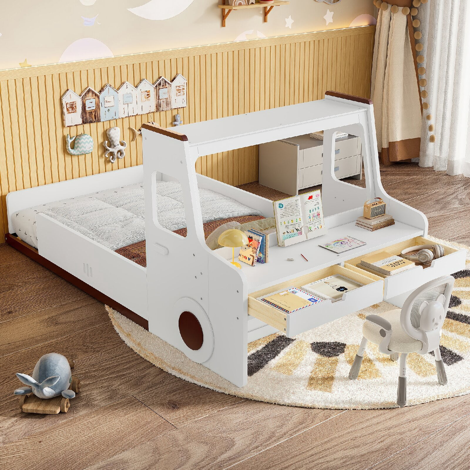 Twin Size Floor Bed Frame with Interesting Car-shape Design and Build-in Desk, Car Floor Bed with Storage Drawers and Small Window for Bedroom, Apartment, Easy Assembly, Mattress Not Included, White