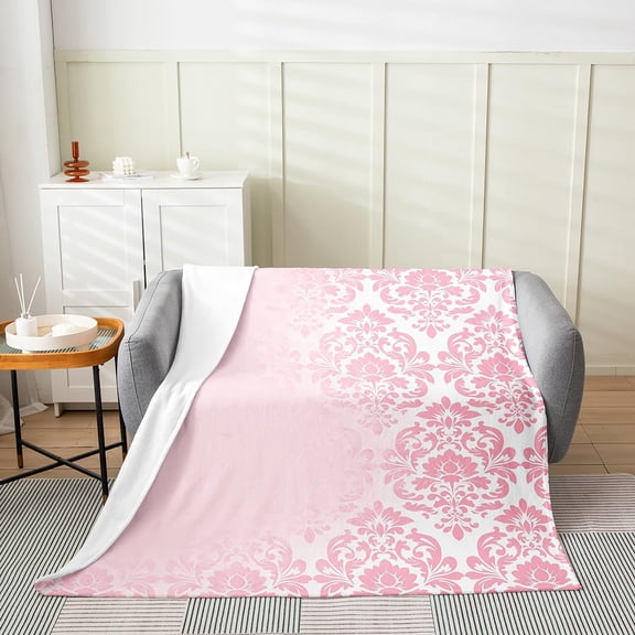 Pink Damask Throw Blanket for Couch Sofa Bed Fluffy Soft Warm Microfiber Fleece Blanket