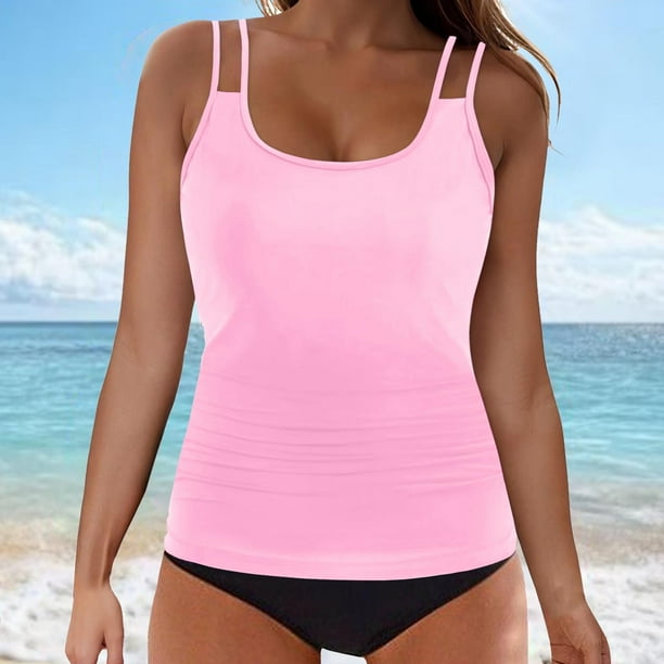 Trajes de baño Amzcrzy Tankini para mujer, trajes de baño, moda para mujer, bikini sólido sin mangas, traje de baño push-up, traje de baño acolchado, conjuntos de blusa de traje de baño rosa, S