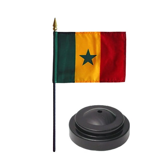 Senegal Desk Flag with Base; American Made Rayon 4x6 inch Miniature Table Set Includes One Small Mini Country Stick Flags and One Black Stand (Senegal Desk Flag and Base)