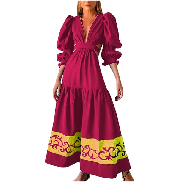 Vestido largo con cuello en V y temperamento de manga BBubble estampado de alto grado para mujer Pompotops hdfakjf7085