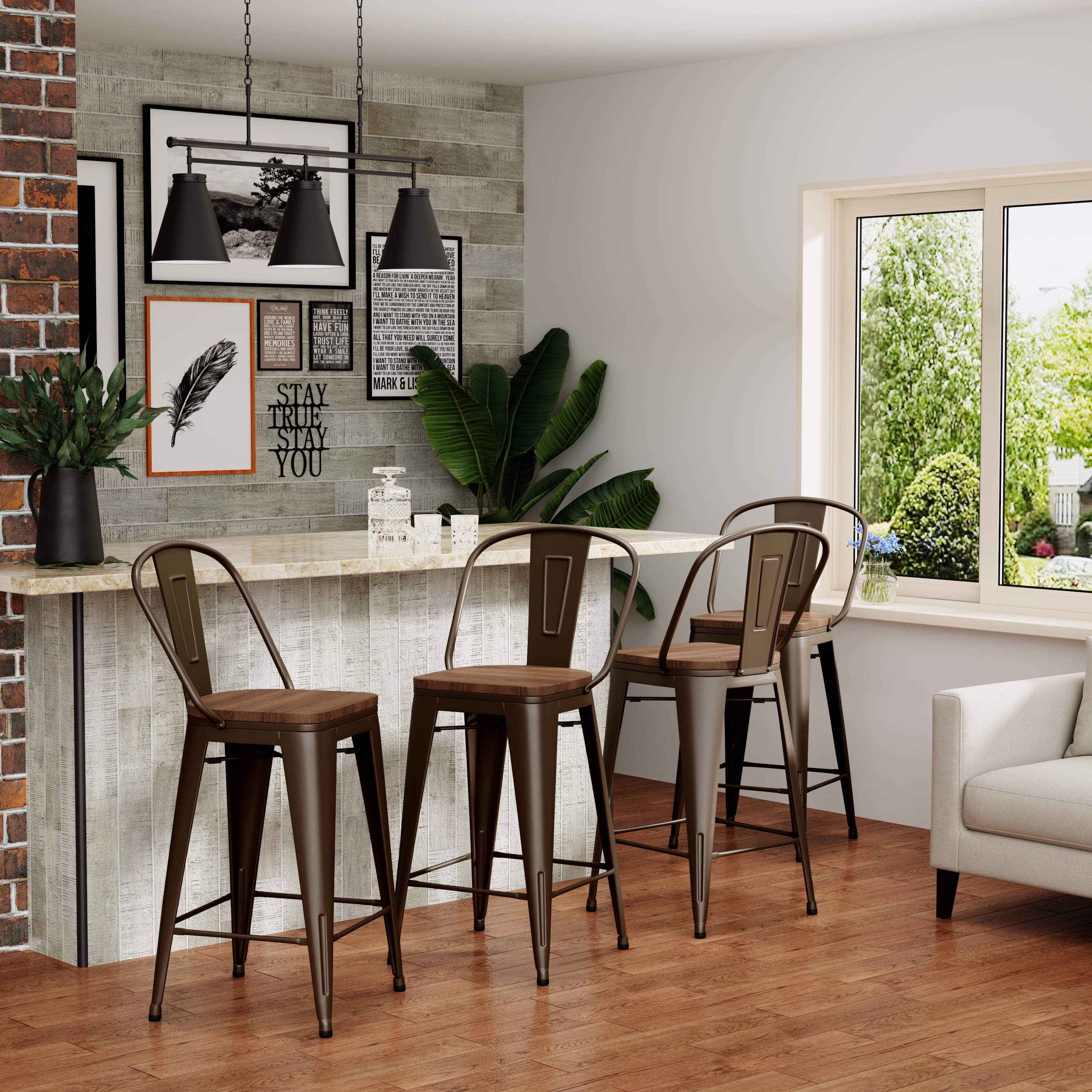 Andeworld Metal Bar Stools Set of 4 Bar Stools with Backs Counter Stools Counter Height Stools High Back Bar Chairs 24 Inch Rusty