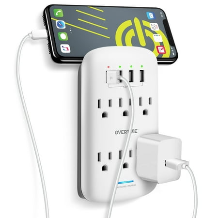 Overtime 6 Outlet Extending Surge Protector, Multi Outlet Extender Wall Adapter with 4 USB Fast Charging Ports, 6 AC Outlets, Phone Mount, 1200J Surge Protection, ETL Certified