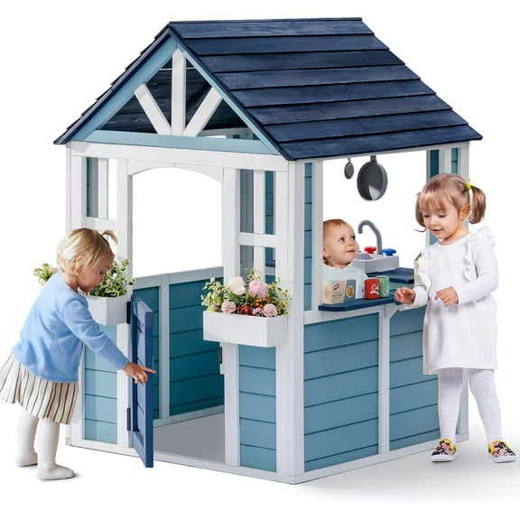 Robud Outdoor Wooden Playhouse for Kids, Play Cottage with Toy Sink, Stove, Cookware & Snack Bar, Backyard Pretend Playhouse Ages 3 , Blue