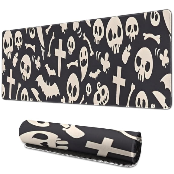 Long Mouse Pads for Desk,Dark Halloween Ghosts Skulls and Bats Desk Mats on Top Of Desks, Desk Mouse Pad Extra Large with 3mm Non-Slip Base and Stitched Edge for Gaming,Office,Work,Home 31.5"x11.8"