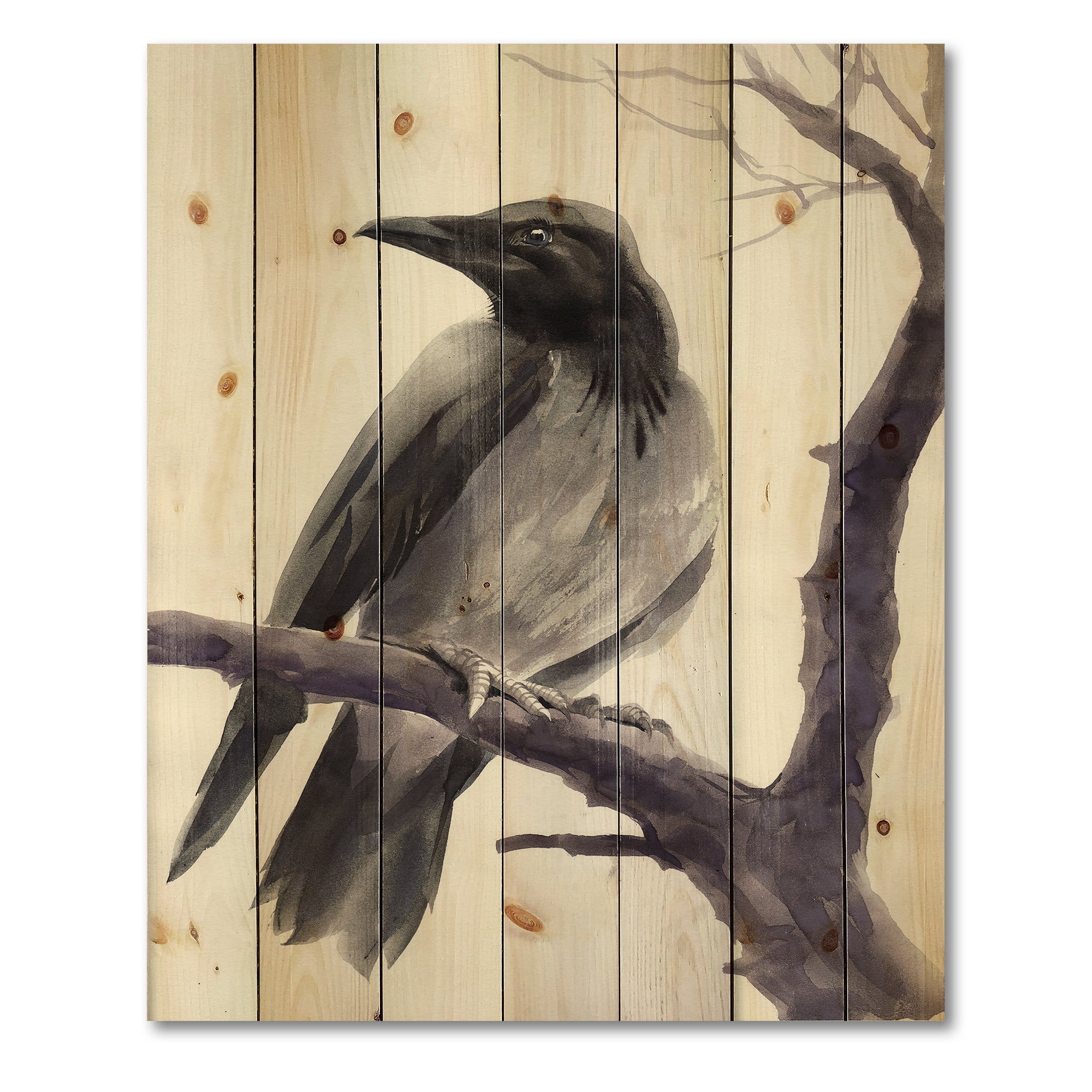 Designart 'Big Crow Sitting On A Branch' Traditional Print on Natural Pine Wood