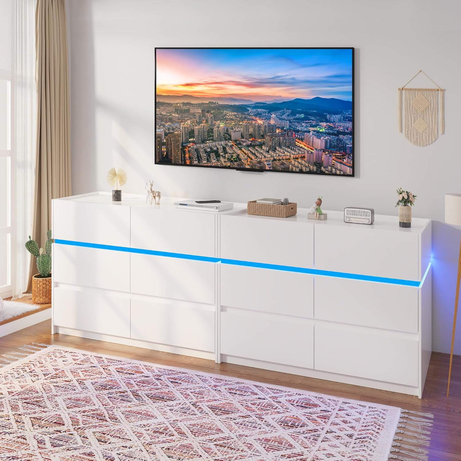 HAUXITIO 6 Drawer Dresser Chest with Charging Station and LED Lights for Bedroom, Modern TV Stand Cabinet, White