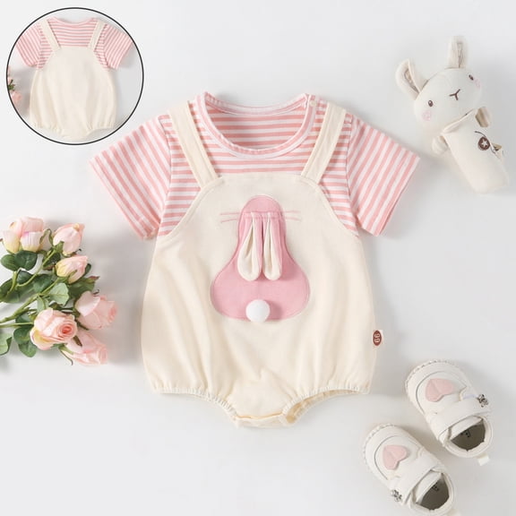 Toddler Easter Outfits Short Sleeve Bunny Bodysuit Romper Summer Clothes Baby Girl Outfit 12-18 Months