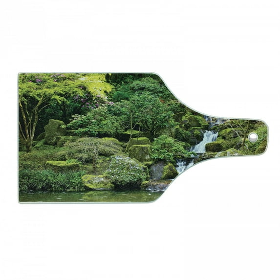 Garden Cutting Board, Pond in Style Garden Arboretum Trees Bush Foliage Rocks Waterscape Picture, Decorative Tempered Glass Cutting and Serving Board, Wine Bottle Shape, Green White, by Ambesonne