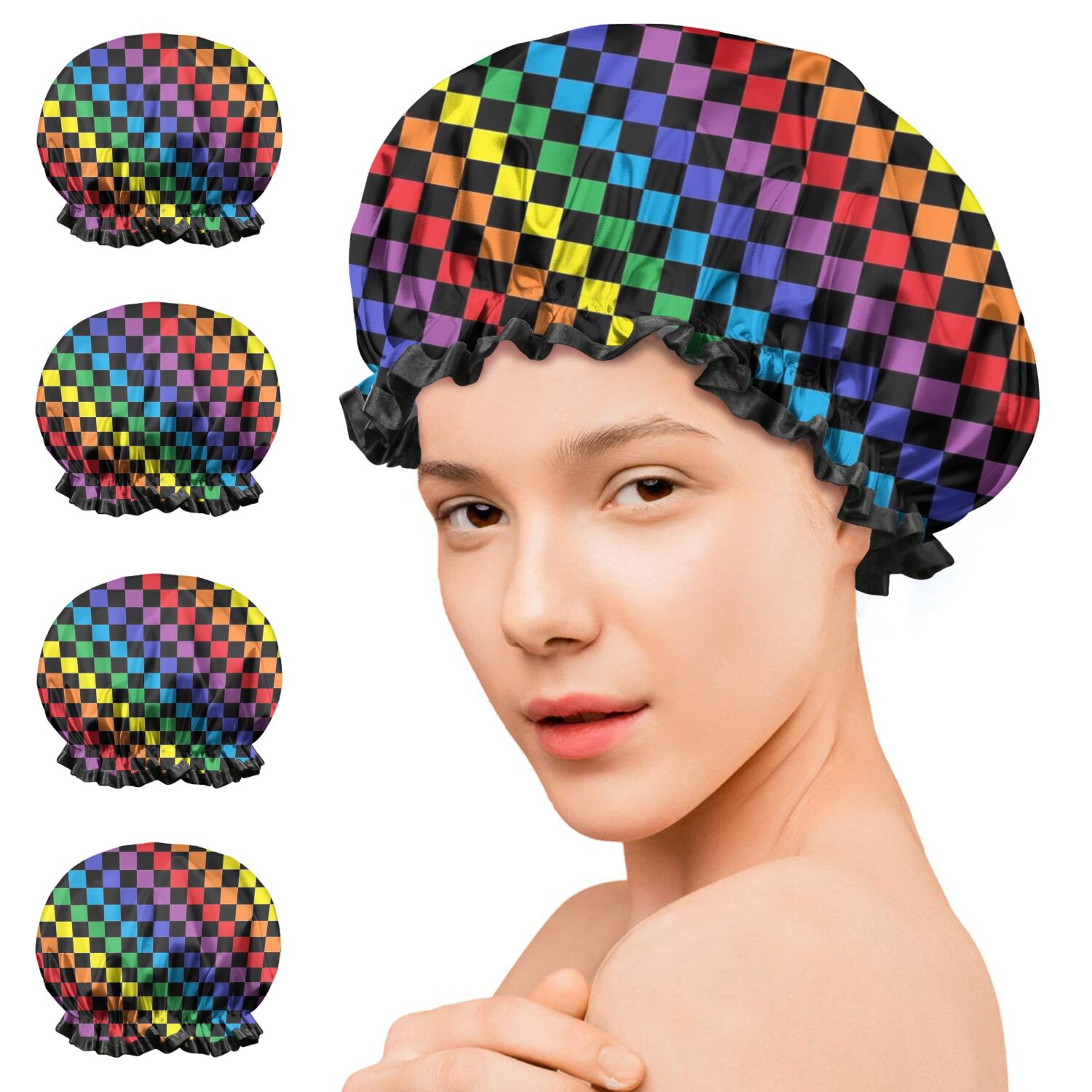 Shower Caps,Colorful Rainbow Checkered Pattern Waterproof Shower Cap for Women 4 Pieces,Double Reusable Hair Cover for Shower PEVA Elastic Stretch Hem