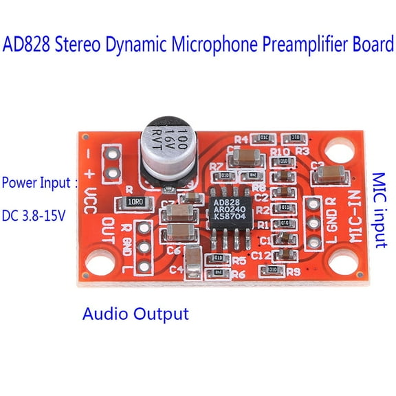 AD828 stereo dynamic microphone preamplifier board mic preamp DC 3.7V-15V 12V