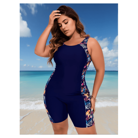 Women's Plus Size Navy One-Piece Boyleg Swimsuit - Tropical Print Side Panels and Tummy Control - Slimming Bathing Suit for Women