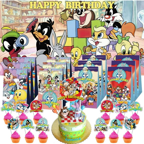 baby Looney Tunes Treat Bags Candy Decorations Party Favor Supplies Birthday Cake Topper Backdrop Banner