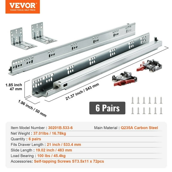6 Pairs 21 Inch Heavy Duty Soft Close Drawer Slides, Full Extension Ball Bearing Side Mount Steel Rails with Silent Glides and Locking Mechanism, Holds 100 Lbs for Cabinet Kitchen