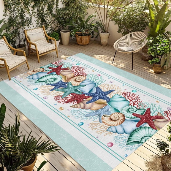 Fsddascl Teal Green Starfish Outdoor Rug for Patio/Deck/Porch, Non-Slip Large Area Rug 4 x 6 Ft, Summer Coral Beach Conch Coastal Indoor Outdoor Rugs Washable Area Rugs, Camping Rug Carpet Runner