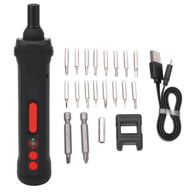destornillador eléctrico, destornillador eléctrico destornillador recargable inalámbrico herramienta destornillador eléctrico altamente versátil Vista frontal centrada de un destornillador eléctrico VoborMX negro con botones rojos e indicador LED; incluye 16 puntas metálicas intercambiables, dos puntas largas, adaptador magnético, soporte plástico y cable USB de carga. Especificado 250 RPM, 3.0 Nm y batería 18650 1500 mAh; a menudo usado también para montaje y reparaciones ligeras de electrónica doméstica.
