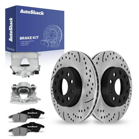 AutoShack Front Drilled & Slotted Brake Rotors Ceramic Brake Pads Calipers | Replacement for 2015 VW Jetta 2.0L FWD | E-Coated | 8-PC Brake Kit | ShadowGuard