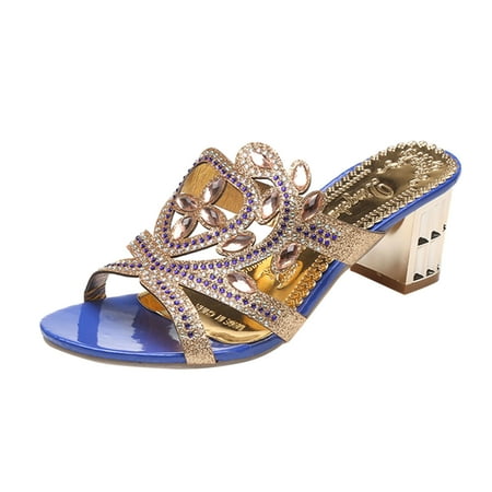 

SEMIMAY Rhinestone Mouth Heel High Thick Women s Heel And Slippers Sandals Fish Fashion Women s sandals Blue