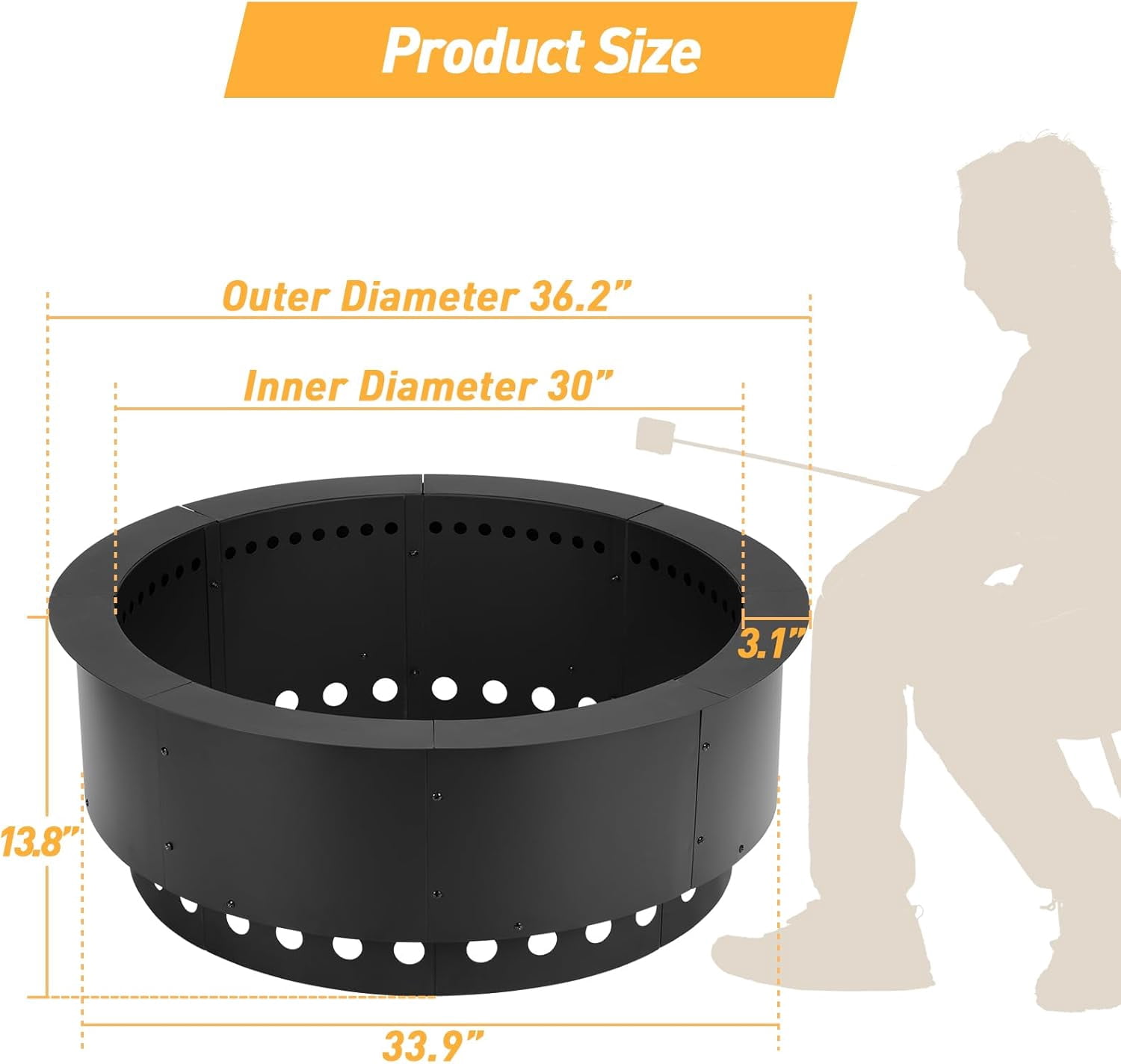 36 Inch Outer Round Smokeless Fire Pit Ring, 30 Inch Inner Double Layer Heavy Duty Metal Fire Pit Insert Liner for Backyard Bonfire Outside Picnic BBQ, Black，Fire Pit