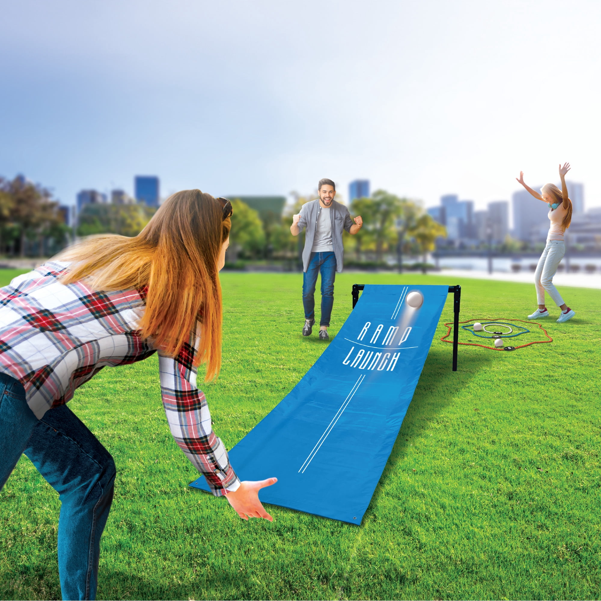 CIPTON Ramp Launch Outdoor Game Set – 7ft Launch Ramp with Stand, 3 Scoring Rings & 6 Balls, Portable Lawn Toss Game, Carry Bag Included